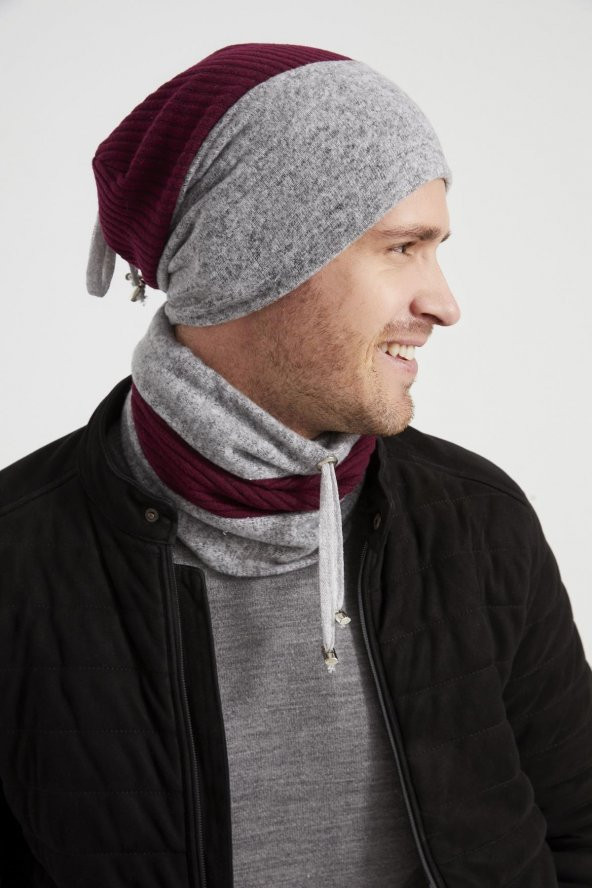 Bordo-Gri Erkek Genç Best of Butikgiz Bordo Gri Şapka Bere Boyunluk Takım -Spor, Rahat,pamuklu TERMAL - 4