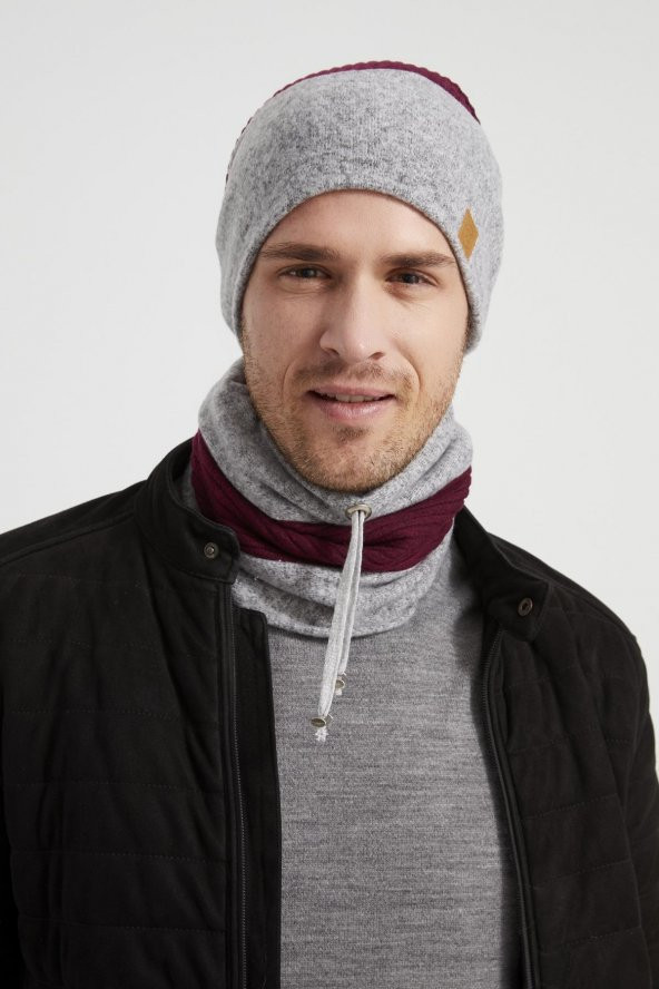 Bordo-Gri Erkek Genç Best of Butikgiz Bordo Gri Şapka Bere Boyunluk Takım -Spor, Rahat,pamuklu TERMAL - 6