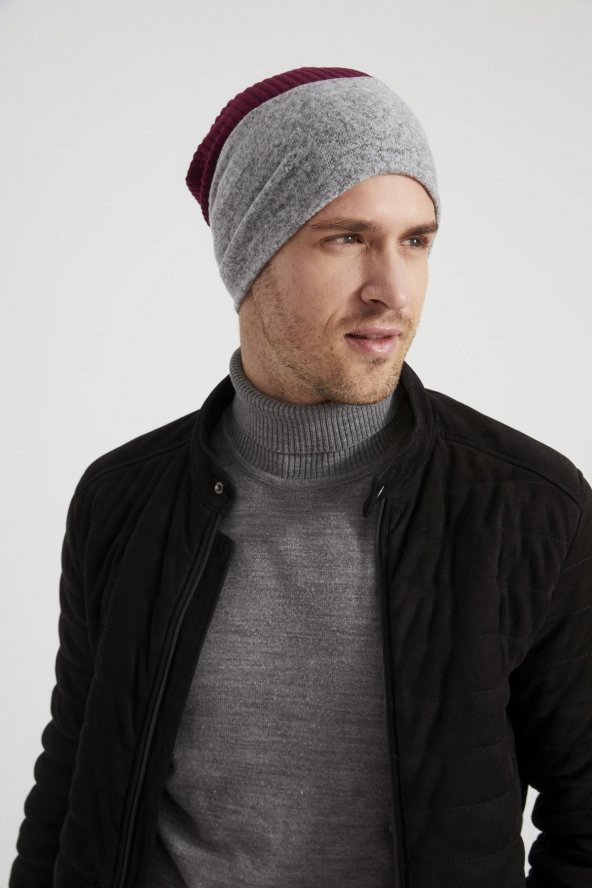 Bordo-Gri Erkek Genç Best of Butikgiz Bordo Gri parçalı Şapka Bere -Spor, Rahat,pamuklu TERMAL kumaş - 5