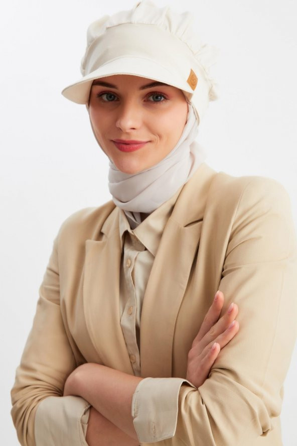 Bej Kadın Tesettür Multi Şifon İpeksi Şal ve Pamuklu Penye Vizör Şapka İkilisi - Rahat, Ekstra Hafif