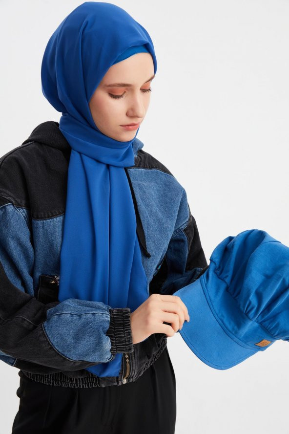 Gece Mavi Kadın Tesettür Multi Şifon İpeksi Şal ve Pamuklu Penye Vizör Şapka İkilisi - Rahat, Ekstra Hafif - 6