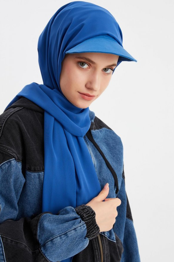 Gece Mavisi Kadın Tesettür Multi Şifon Ipeksi Şal Ve Pamuklu Penye Yarım Vizör Tenis stil Şapka Ikilisi - Rahat, Ekstra Hafif ürün görseli 1