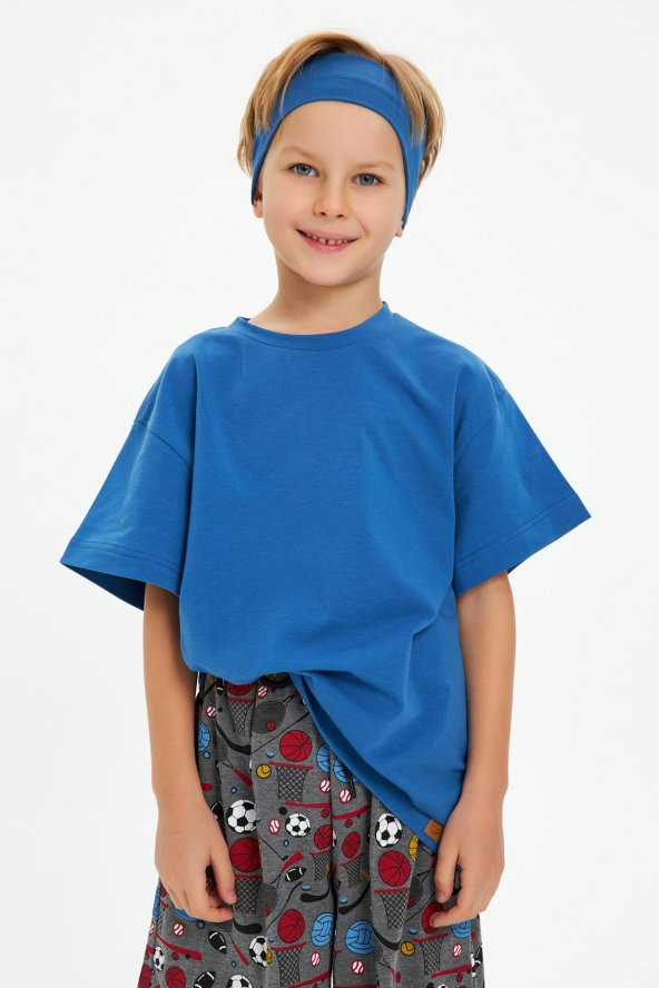 Mavi-Mavi Erkek Çocuk %100 Pamuklu  Penye Oversize Mavi T-Shirt Yumuşak Mavi Bandana İKİLİ TAKIM  Trend Seri 1