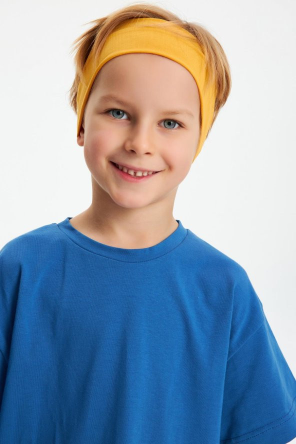 Hardal-Mavi Erkek Çocuk %100 Pamuklu Penye Oversize Mavi T-Shirt Yumuşak Hardal Bandana İKİLİ TAKIM Trend Seri1 - 2