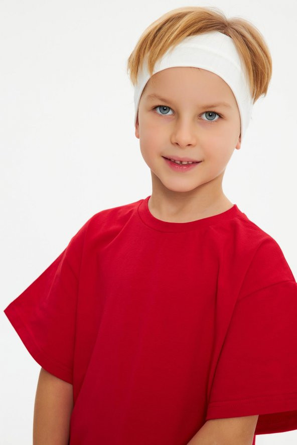 Kırmızı-Beyaz Erkek Çocuk %100 Pamuklu Penye Oversize Kırmızı T-Shirt Yumuşak Beyaz Bandana 2'Lİ TAKIM TrendSeri1 - 2