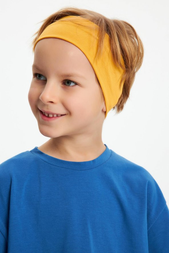 Hardal-Mavi Erkek Çocuk %100 Pamuklu Penye Oversize Mavi T-Shirt Yumuşak Hardal Bandana İKİLİ TAKIM Trend Seri1 - 3