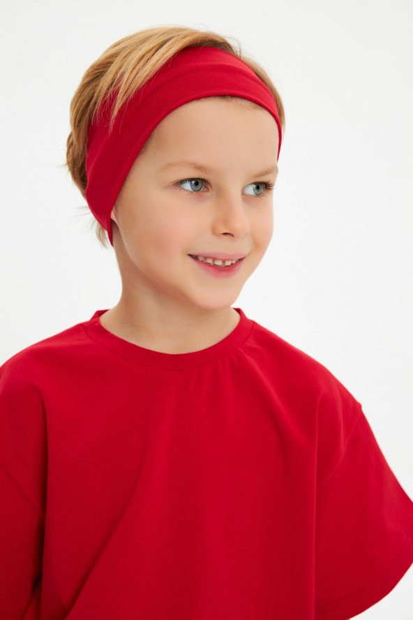Kırmızı-Kırmızı Erkek Çocuk %100 Pamuklu Penye Oversize Kırmızı T-Shirt Yumuşak Bandana İKİLİ TAKIM  Trend Seri1 - 3