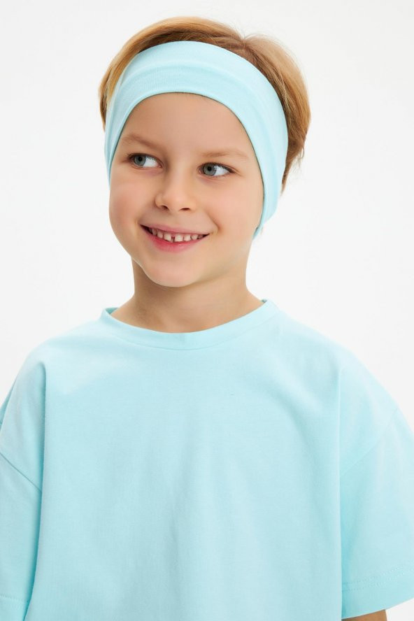 Buz Mavi-Buz Mavi Erkek Çocuk %100 Pamuklu Penye Oversize Buz Mavi T-Shirt Yumuşak Bandana İKİLİ TAKIM  Trend Seri1