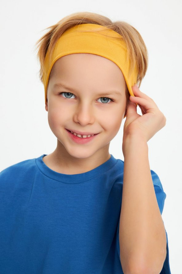 Hardal-Mavi Erkek Çocuk %100 Pamuklu Penye Oversize Mavi T-Shirt Yumuşak Hardal Bandana İKİLİ TAKIM Trend Seri1 - 4