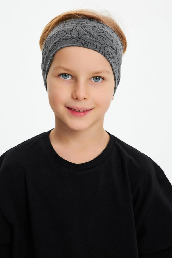 Füme Desenli-Siyah Erkek Çocuk %100 Pamuklu Penye Oversize Kamuflaj T-Shirt Yumuşak Bandana İKİLİ TAKIM  Trend Seri 2