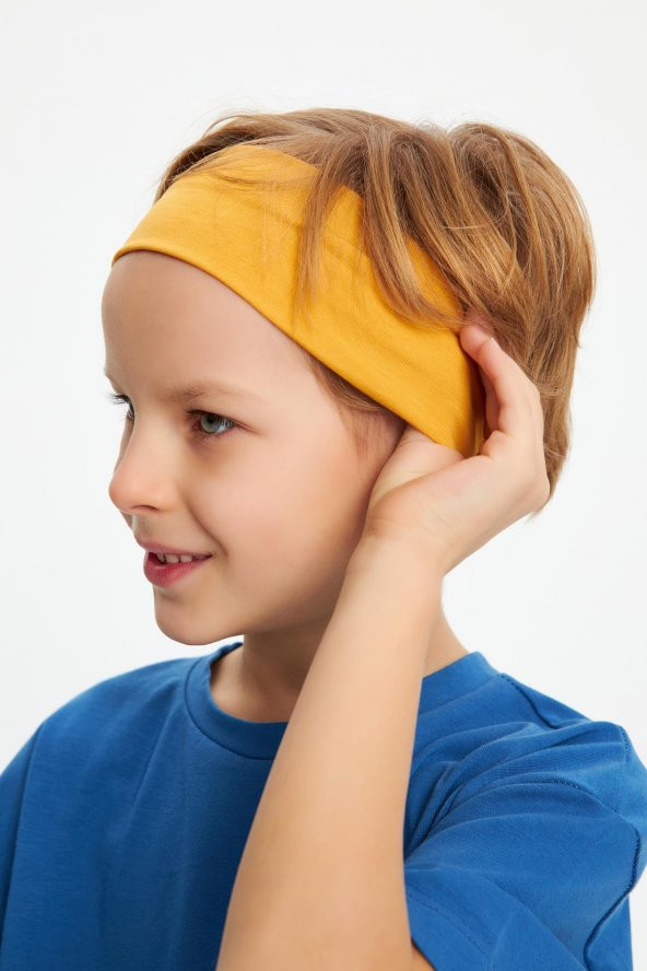 Hardal-Mavi Erkek Çocuk %100 Pamuklu Penye Oversize Mavi T-Shirt Yumuşak Hardal Bandana İKİLİ TAKIM Trend Seri1 - 5