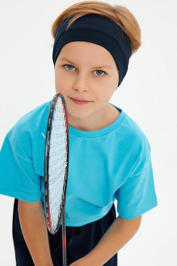 Lacivert-Aqua Erkek Çocuk %100 Pamuklu Penye Oversize Aqua T-Shirt Yumuşak Lacivert Bandana 2'Lİ TAKIM  TrendSeri1 - 2