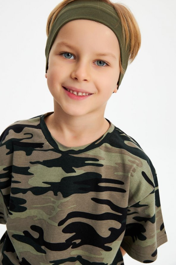 Haki-Kamuflaj Erkek Çocuk %100 Pamuklu Penye Oversize Kamuflaj T-Shirt Yumuşak Bandana İKİLİ TAKIM  Trend Seri 2