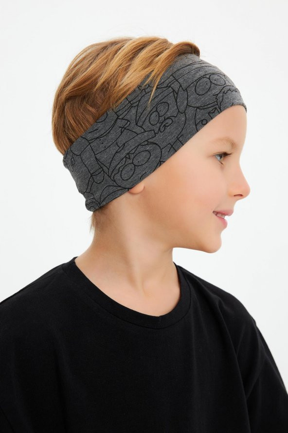Füme Desenli-Siyah Erkek Çocuk %100 Pamuklu Penye Oversize Kamuflaj T-Shirt Yumuşak Bandana İKİLİ TAKIM  Trend Seri 2 - 3