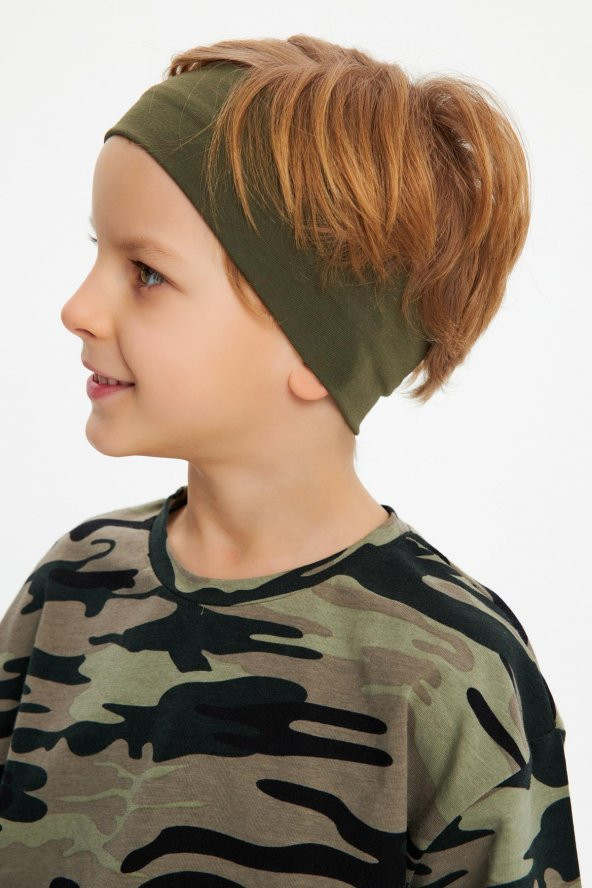 Haki-Kamuflaj Erkek Çocuk %100 Pamuklu Penye Oversize Kamuflaj T-Shirt Yumuşak Bandana İKİLİ TAKIM  Trend Seri 2 - 3