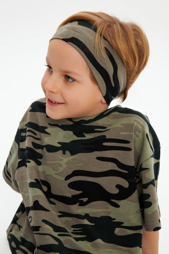 Kamuflaj-Kamuflaj Erkek Çocuk %100 Pamuklu Penye Oversize Kamuflaj T-Shirt Yumuşak Bandana İKİLİ TAKIM  Trend Seri 2 - 2