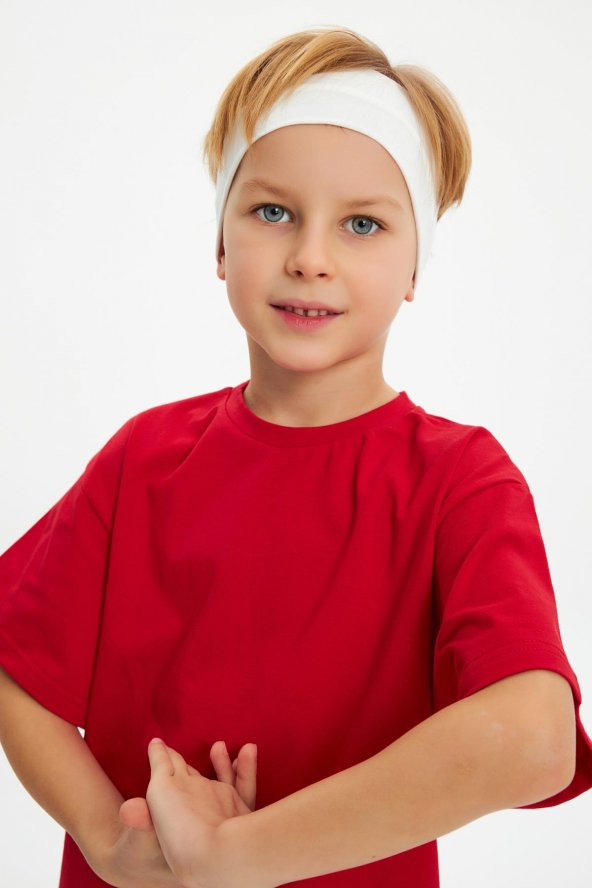 Kırmızı-Beyaz Erkek Çocuk %100 Pamuklu Penye Oversize Kırmızı T-Shirt Yumuşak Beyaz Bandana 2'Lİ TAKIM TrendSeri1 - 3