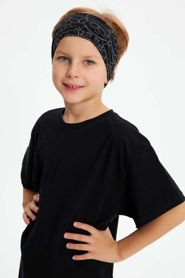 Siyah Desenli-Siyah Erkek Çocuk %100 Pamuklu Penye Oversize Kamuflaj T-Shirt Yumuşak Bandana İKİLİ TAKIM  Trend Seri 2