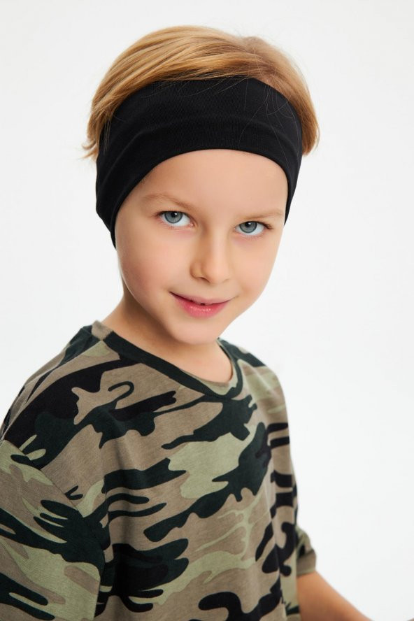 Siyah-Kamuflaj Erkek Çocuk %100 Pamuklu Penye Oversize Kamuflaj T-Shirt Yumuşak Bandana İKİLİ TAKIM  Trend Seri 2
