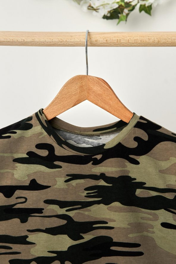 Haki-Kamuflaj Erkek Çocuk %100 Pamuklu Penye Oversize Kamuflaj T-Shirt Yumuşak Bandana İKİLİ TAKIM  Trend Seri 2 - 7