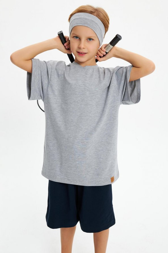 Gri-Lacivert Erkek Çocuk %100 Pamuklu Penye Oversize Gri T-Shirt Yumuşak Gri Bandana 2'Lİ TAKIM  Trend Seri3 - 2