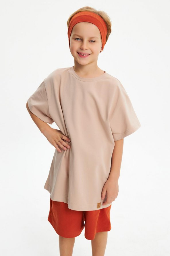 Kiremit-S.Kahve Erkek Çocuk %100 Pamuklu Penye Oversize Gri T-Shirt Yumuşak Lacivert Bandana 2'Lİ TAKIM  Trend Seri3 - 5