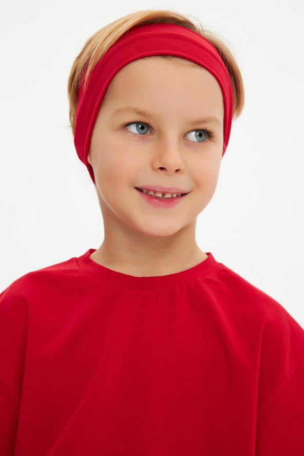 Kırmızı-Kırmızı Erkek Çocuk %100 Pamuklu Penye Oversize Kırmızı T-Shirt Yumuşak Bandana İKİLİ TAKIM  Trend Seri1 - 5