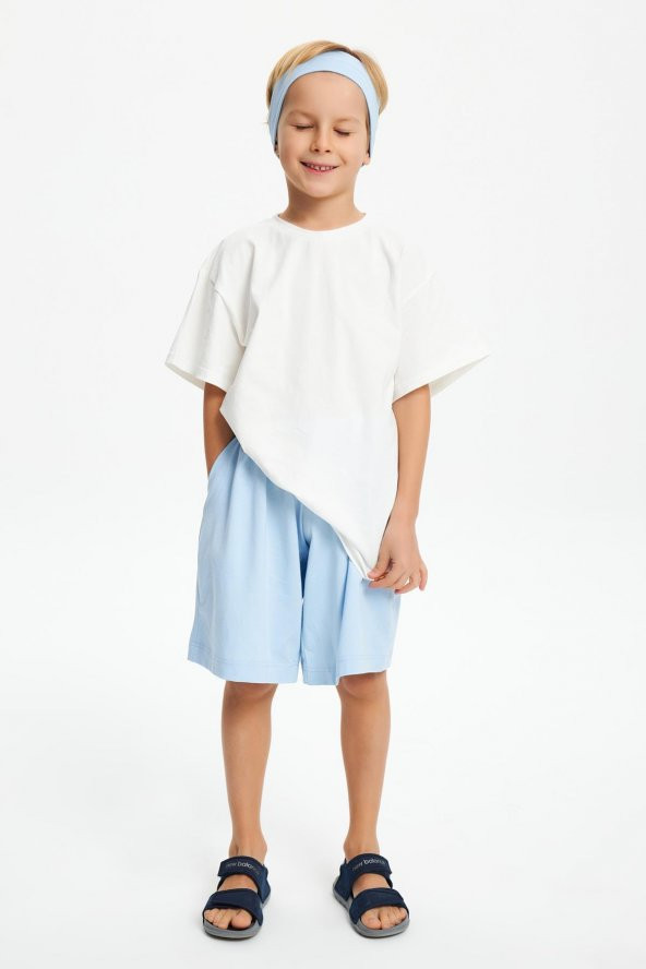 Bebe Mavi-Beyaz Erkek Çocuk %100 Pamuklu Penye Oversize Beyaz T-Shirt Yumuşak Mavi Bandana 2'Lİ TAKIM  Trend Seri3 - 4