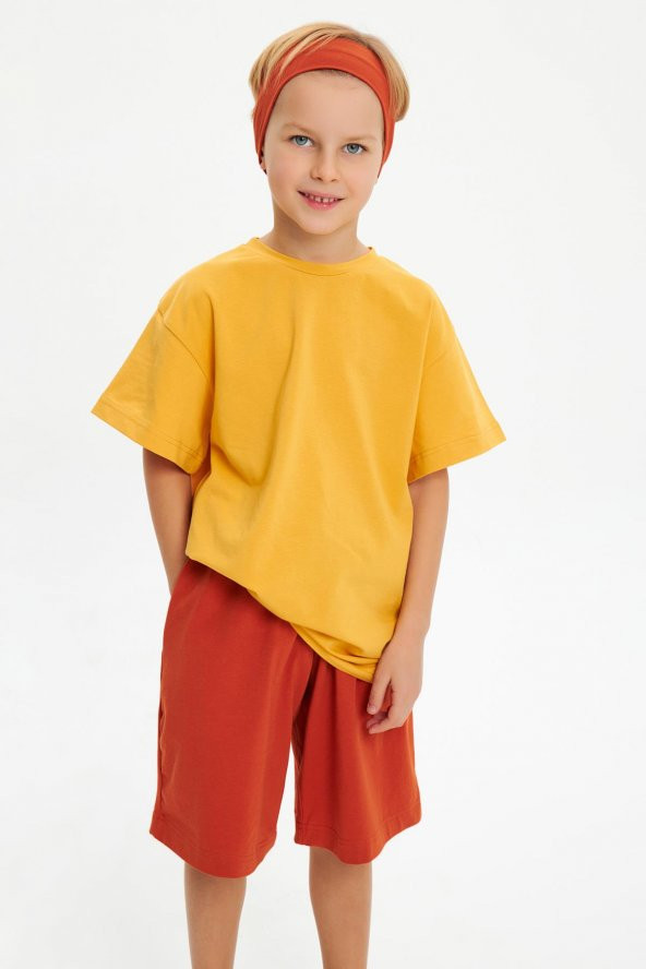 Kiremit-Hardal Erkek Çocuk %100 Pamuklu Penye Oversize Gri T-Shirt Yumuşak Lacivert Bandana 2'Lİ TAKIM  Trend Seri3 - 7