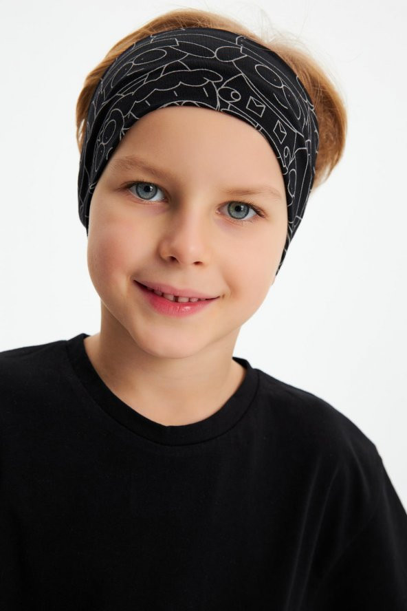 Siyah Desenli-Siyah Erkek Çocuk %100 Pamuklu Penye Oversize Kamuflaj T-Shirt Yumuşak Bandana İKİLİ TAKIM  Trend Seri 2 - 5