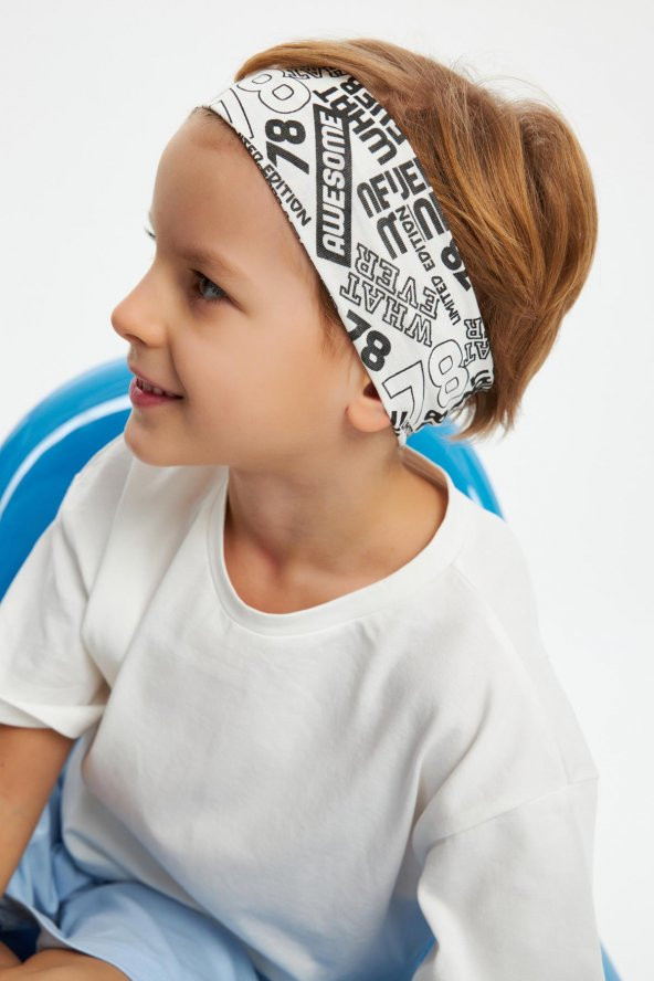 Beyaz Desenli-Beyaz Erkek Çocuk %100 Pamuklu Penye Oversize Beyaz T-Shirt Yumuşak Bandana 2'Lİ TAKIM Trend Seri 4 - 2