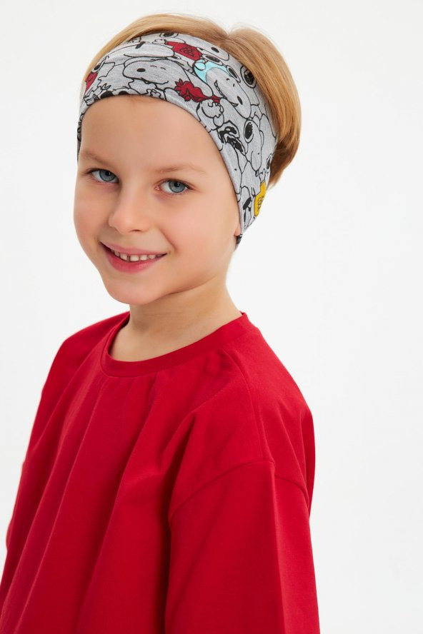 Gri Desenli-Kırmızı Erkek Çocuk %100 Pamuklu Penye Oversize Kırmızı T-Shirt Yumuşak Gri Bandana 2'Lİ TAKIM  Trend Seri 4