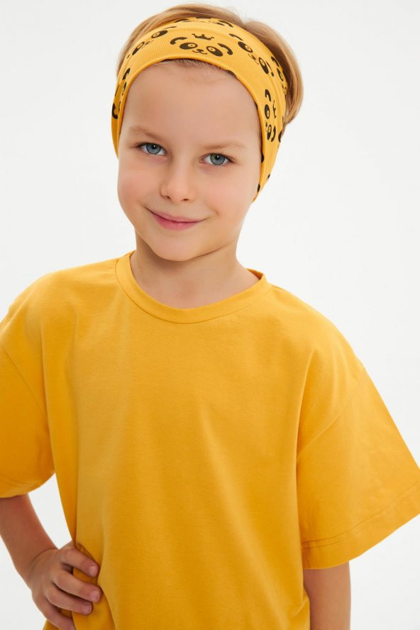 Hardal Desenli-Hardal Erkek Çocuk %100 Pamuklu Penye Oversize Hardal T-Shirt Yumuşak Bandana 2'Lİ TAKIM  Trend Seri 4