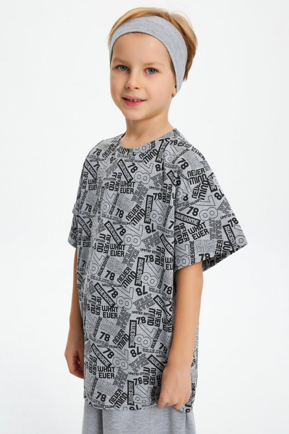 Gri Desenli Erkek Çocuk %100 Pamuklu Penye Oversize Gri Desenli T-Shirt Yumuşak Bandana 2'Lİ TAKIM Trend Seri 5