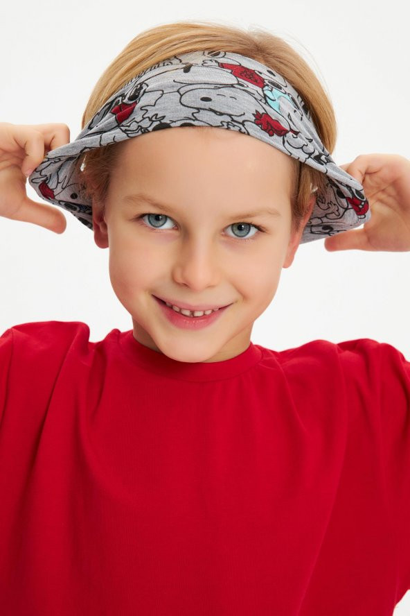 Gri Desenli-Kırmızı Erkek Çocuk %100 Pamuklu Penye Oversize Kırmızı T-Shirt Yumuşak Gri Bandana 2'Lİ TAKIM  Trend Seri 4 - 3