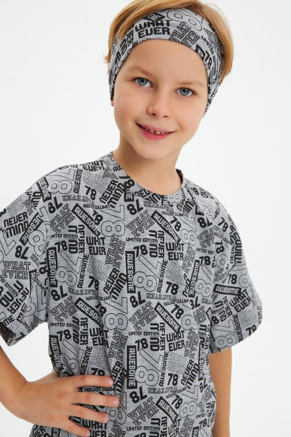 Gri-Gri Desenli Erkek Çocuk %100 Pamuklu Penye Oversize Gri Desenli T-Shirt Yumuşak Bandana 2'Lİ TAKIM Trend Seri 5