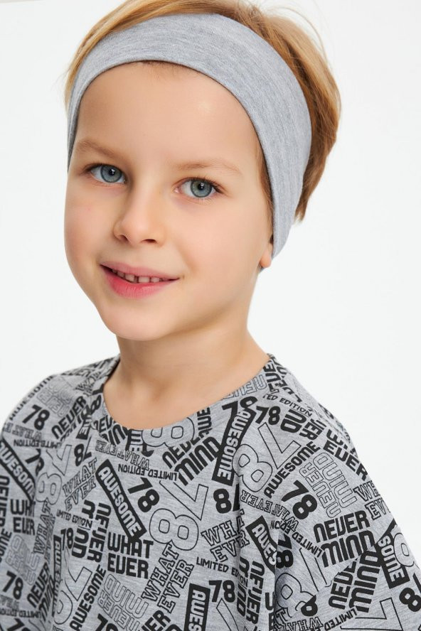 Gri Desenli Erkek Çocuk %100 Pamuklu Penye Oversize Gri Desenli T-Shirt Yumuşak Bandana 2'Lİ TAKIM Trend Seri 5 - 2