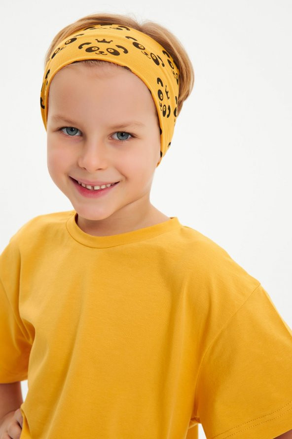 Hardal Desenli-Hardal Erkek Çocuk %100 Pamuklu Penye Oversize Hardal T-Shirt Yumuşak Bandana 2'Lİ TAKIM  Trend Seri 4 - 3