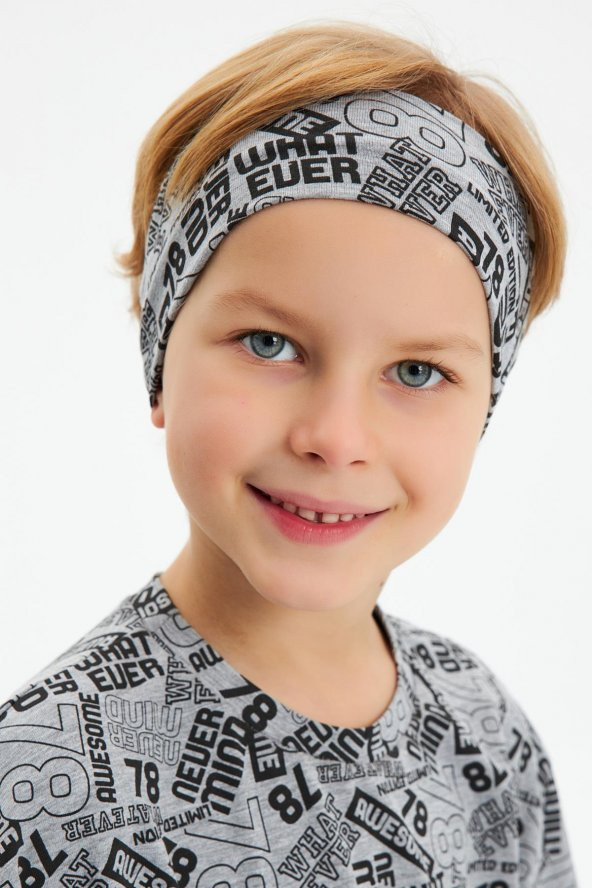 Gri-Gri Desenli Erkek Çocuk %100 Pamuklu Penye Oversize Gri Desenli T-Shirt Yumuşak Bandana 2'Lİ TAKIM Trend Seri 5 - 2