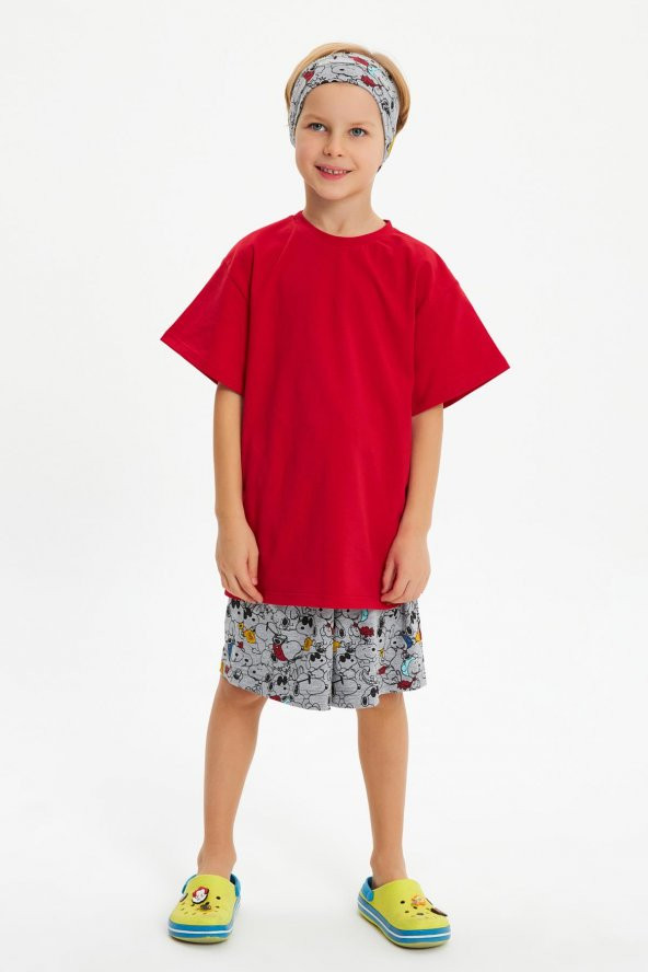 Gri Desenli-Kırmızı Erkek Çocuk %100 Pamuklu Penye Oversize Kırmızı T-Shirt Yumuşak Gri Bandana 2'Lİ TAKIM  Trend Seri 4 - 5