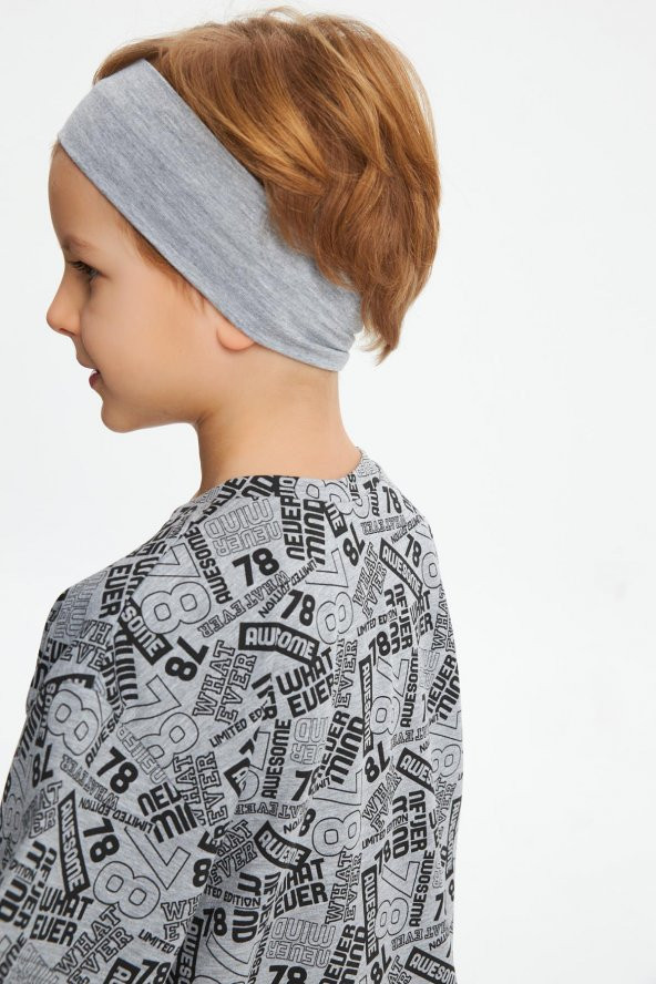 Gri Desenli Erkek Çocuk %100 Pamuklu Penye Oversize Gri Desenli T-Shirt Yumuşak Bandana 2'Lİ TAKIM Trend Seri 5 - 4