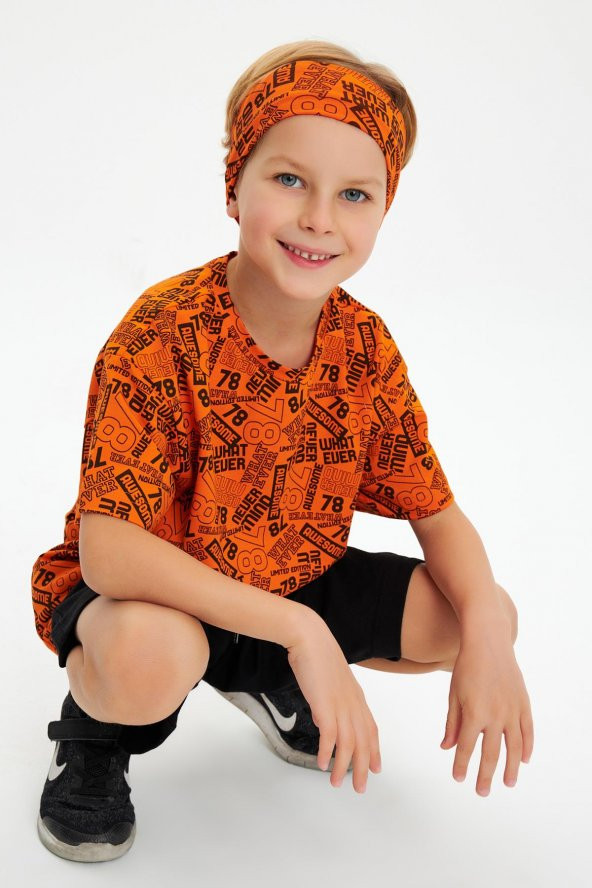 Turuncu Desenli Erkek Çocuk %100 Pamuklu Penye Oversize Gri Desenli T-Shirt Yumuşak Bandana 2'Lİ TAKIM Trend Seri 5