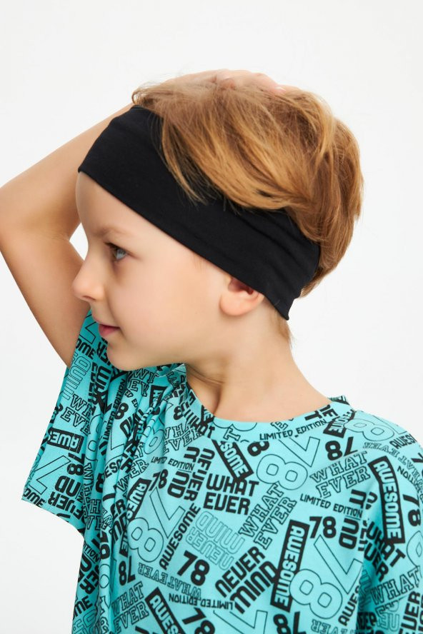Lacivert-Turquaz Desenli Erkek Çocuk %100 Pamuklu Oversize Turquaz Desenli T-Shirt Yumuşak Lacivert Bandana 2'Lİ TAKIM Seri5 - 3