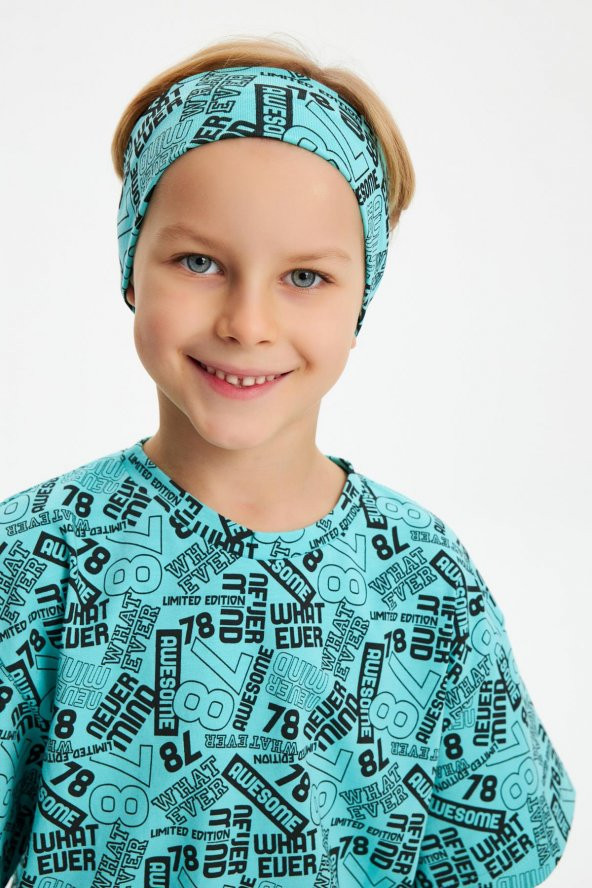 Turquaz Desenli Erkek Çocuk %100 Pamuklu Penye Oversize Gri Desenli T-Shirt Yumuşak Bandana 2'Lİ TAKIM Trend Seri 5 - 2