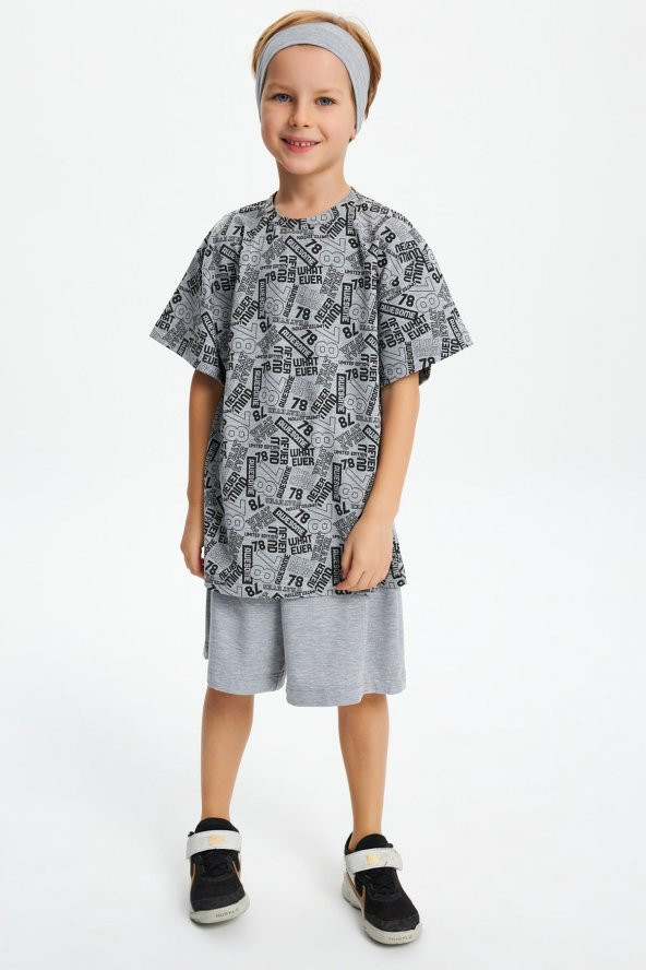 Gri Desenli Erkek Çocuk %100 Pamuklu Penye Oversize Gri Desenli T-Shirt Yumuşak Bandana 2'Lİ TAKIM Trend Seri 5 - 5