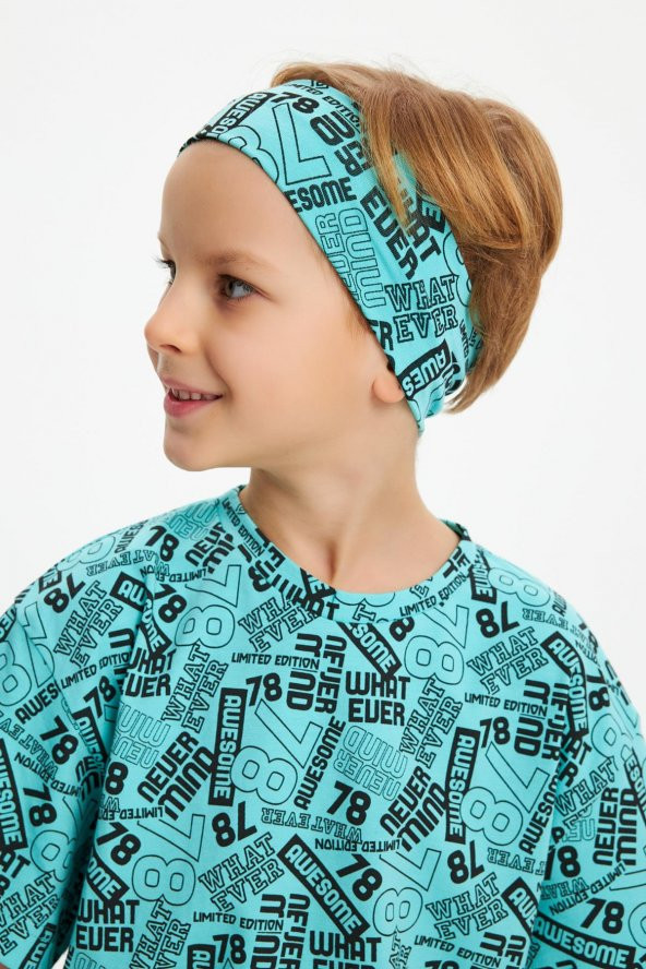 Turquaz Desenli Erkek Çocuk %100 Pamuklu Penye Oversize Gri Desenli T-Shirt Yumuşak Bandana 2'Lİ TAKIM Trend Seri 5 - 3