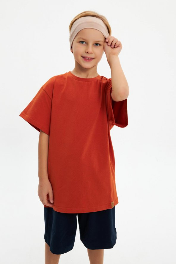 S.Kahve-Kiremit Erkek Çocuk %100 Pamuklu Penye Oversize Gri T-Shirt Yumuşak Lacivert Bandana 2'Lİ TAKIM  Trend Seri3 - 5