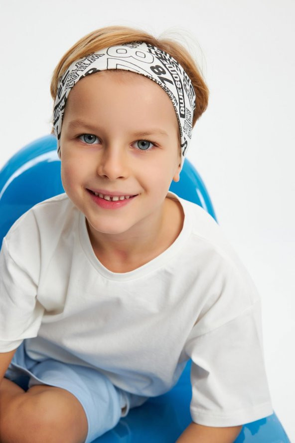 Beyaz Desenli-Beyaz Erkek Çocuk %100 Pamuklu Penye Oversize Beyaz T-Shirt Yumuşak Bandana 2'Lİ TAKIM Trend Seri 4 - 4
