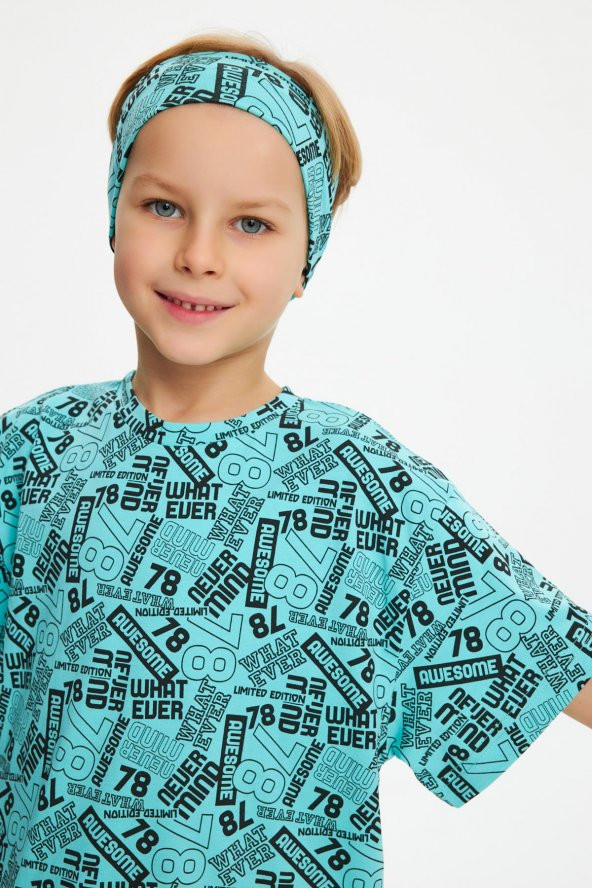 Turquaz Desenli Erkek Çocuk %100 Pamuklu Penye Oversize Gri Desenli T-Shirt Yumuşak Bandana 2'Lİ TAKIM Trend Seri 5 - 4