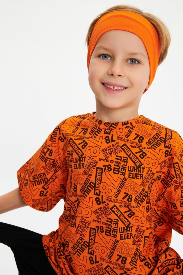 Turuncu-Turuncu Desenli Erkek Çocuk %100 Pamuklu Oversize Turuncu Desenli T-Shirt Yumuşak  Turuncu Bandana 2'Lİ TAKIM Seri 5 - 3